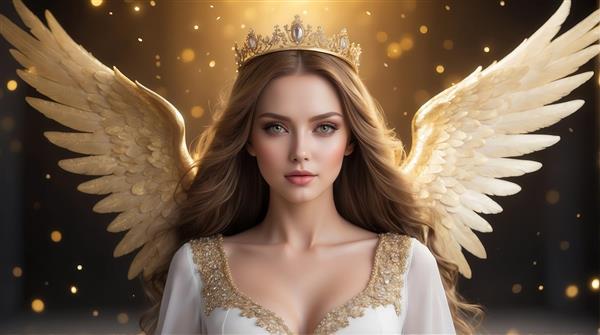 تصویر پرتره ملکه فرشته با بال‌های طلایی درخشان برای چاپ روی روتختی