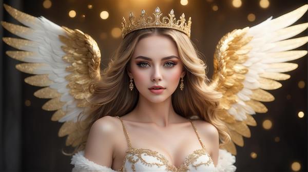 طرح ملکه فرشته با بال‌های سفید طلایی برای پوستر دیواری مدرن
