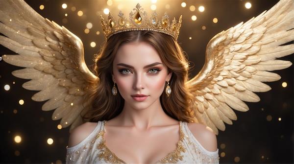 عکس زن بالدار با تاج و گوشواره آویز برای چاپ عریض و باکیفیت