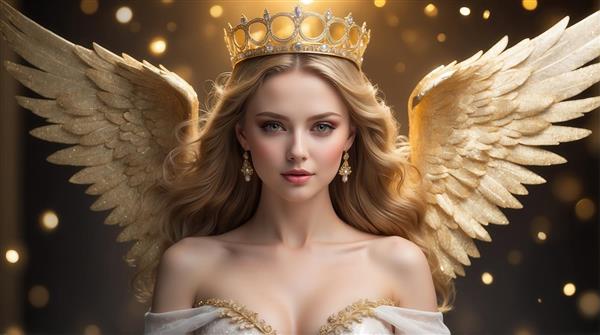 تصویر فرشته زن با بال‌های بزرگ طلایی و موی بلوند برای پوستر چاپی