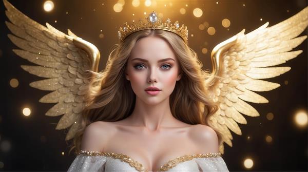 طرح پرتره زن فرشته با تاج طلایی و نور درخشان برای تابلو دکوراتیو