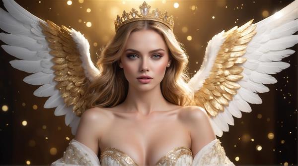 عکس ملکه فرشته با بال‌های سفید و طلایی و تاج برای دکوراسیون شیک
