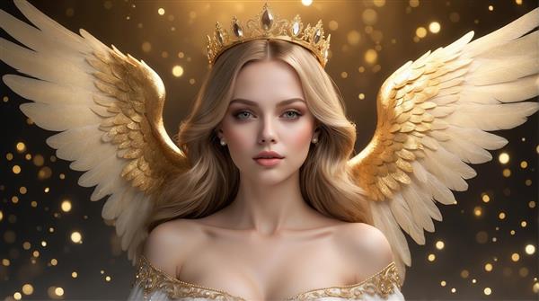 تصویر زن بالدار با بال‌های سفید طلایی و تاج برای چاپ روی کوسن و پرده