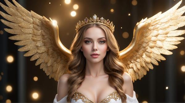 طرح فرشته زن با تاج و بال‌های طلایی و نور درخشان برای پوستر دیواری لوکس