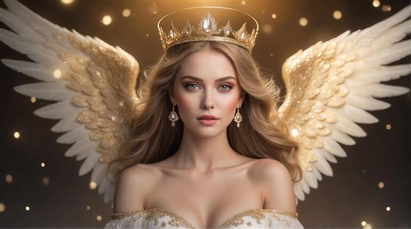 عکس زن بالدار با بال‌های سفید طلایی و تاج برای چاپ عریض