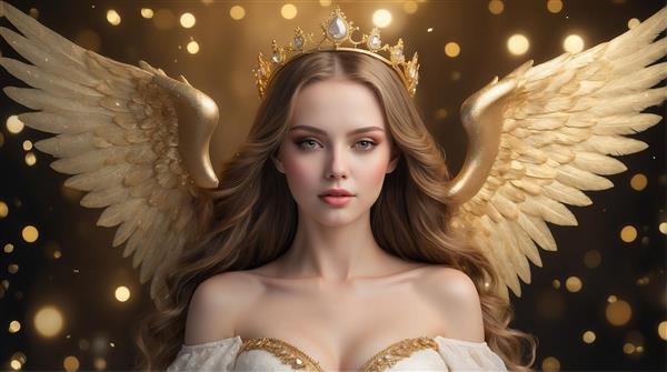 تصویر فرشته ملکه با تاج طلایی و موی قهوه‌ای برای تابلو دکوراتیو نشیمن