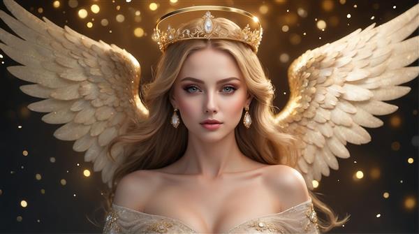 طرح پرتره زن بالدار با بال‌های طلایی و نور درخشان برای پوستر چاپی