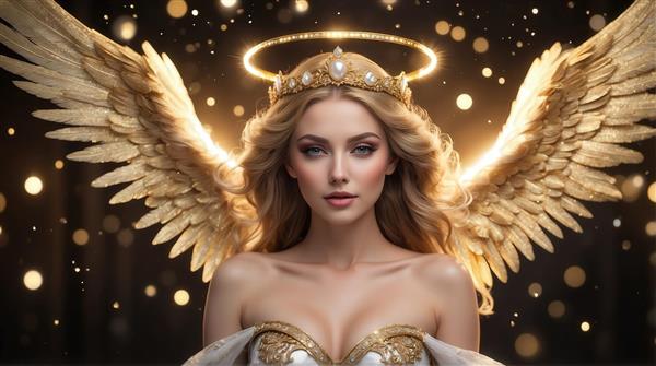 عکس فرشته زن با هاله‌ی نورانی و بال‌های طلایی برای پرده و روتختی