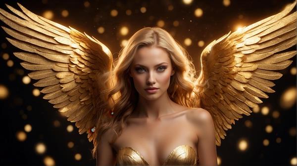 تصویر زن بالدار با موی بلوند و بال‌های تمام طلایی برای تابلو دکوراتیو