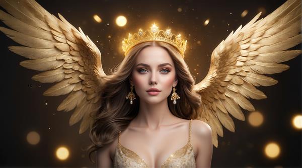 طرح ملکه فرشته فانتزی با تاج و بال‌های طلایی برای چاپ روی کوسن و ماگ