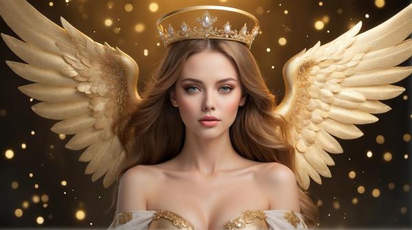 عکس پرتره زن فرشته با تاج و بال‌های طلایی برای پوستر دیواری باکیفیت