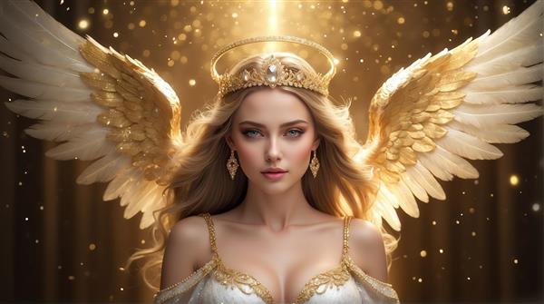 طرح فرشته با هاله نور و بال طلایی برای پوستر دیواری لوکس