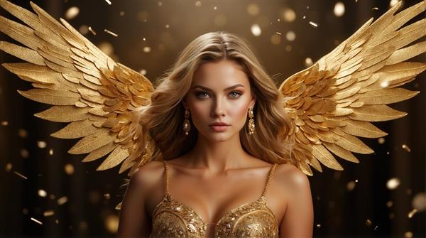 طرح فرشته با بال طلایی و لباس پر زرق و برق برای تابلو