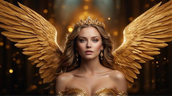 عکس فرشته با موهای بلند و بال‌های طلایی بزرگ برای پوستر