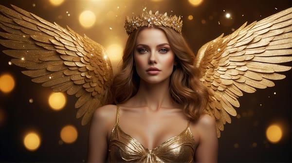 تصویر فرشته با تاج سلطنتی و بال‌های زرین برای روتختی چاپی