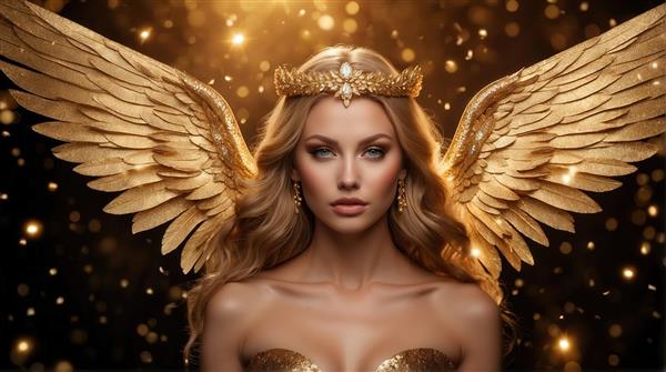 طرح پرتره فرشته با تاج و بال‌های طلایی درخشان برای کوسن