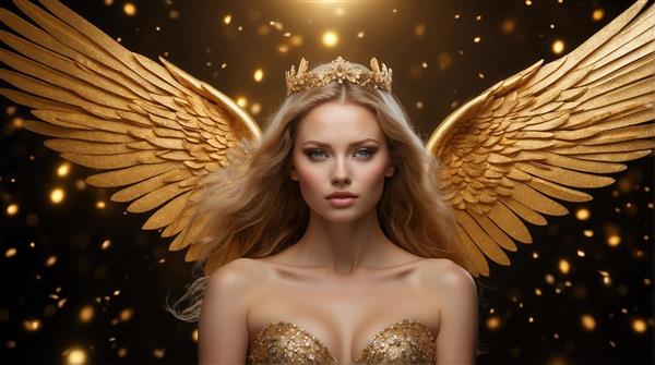 طرح فرشته با تاج و بال طلایی برای تابلو دیواری مدرن