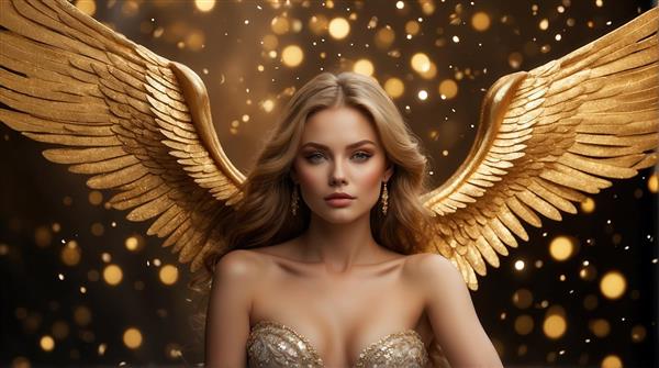 عکس پرتره فرشته با بال‌های بزرگ طلایی برای پوستر لوکس