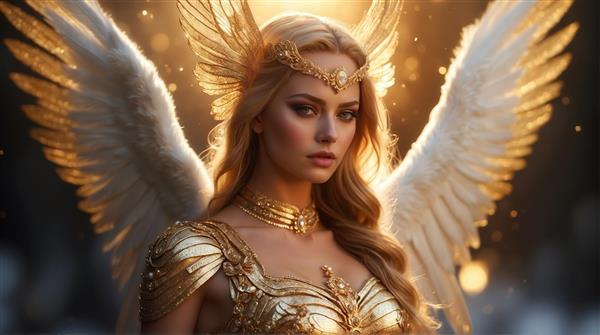 تصویر فرشته با بال‌های روشن و زره طلایی برای چاپ روی کوسن