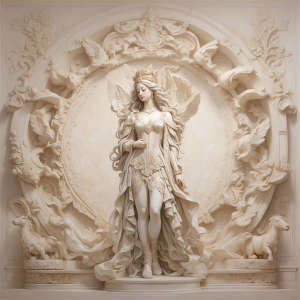 طرح مجسمه فرشته با حیوانات و لباس مجلل برای تابلو کلاسیک