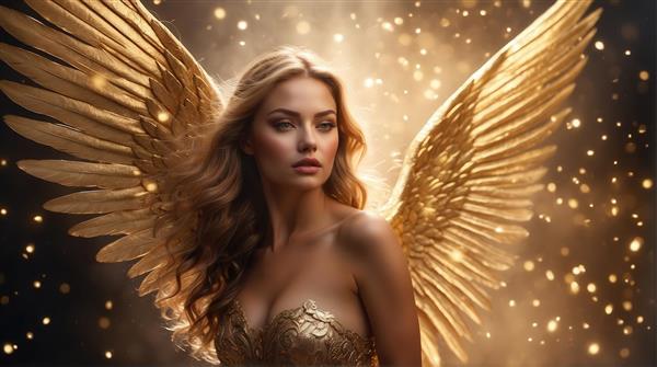طرح پرتره فرشته با موهای بلند و بال طلایی برای تابلو لوکس