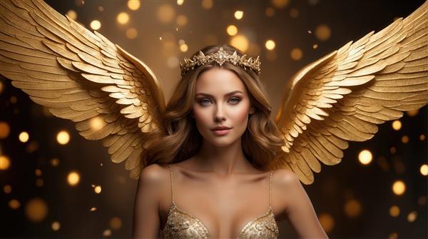 عکس فرشته با تاج و بال‌های بزرگ طلایی برای پوستر دیواری