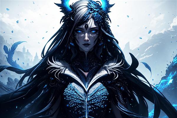 طرح الهه تاریکی با هاله آبی و پرهای سیاه برای تابلو مدرن