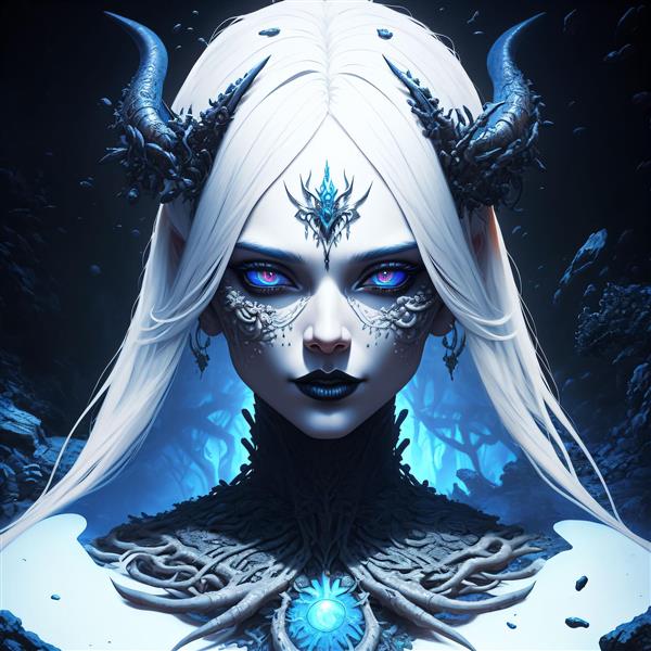 تصویر ملکه یخی فانتزی با شاخ و موهای سفید برای روتختی