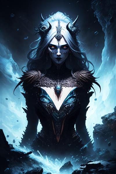 طرح الهه تاریکی با شاخ و موهای سفید برای پوستر اتاق نوجوان