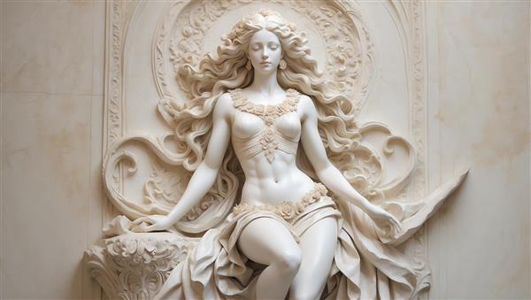 طرح مجسمه زن نشسته با پس‌زمینه سنگی برای تابلو پذیرایی