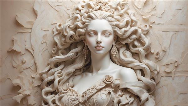 تصویر پرتره مجسمه زن با رز و موهای مجعد برای ماگ و پرده