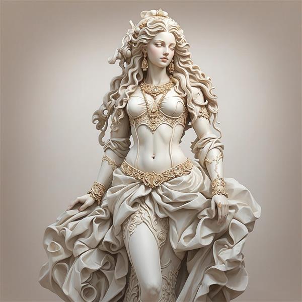 طرح مجسمه زن ایستاده با لباس پر چین برای تابلو دیواری لوکس