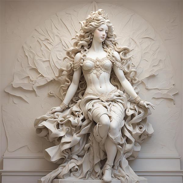 تصویر مجسمه زن نشسته با لباس پرچین برای چاپ روی پرده و شال