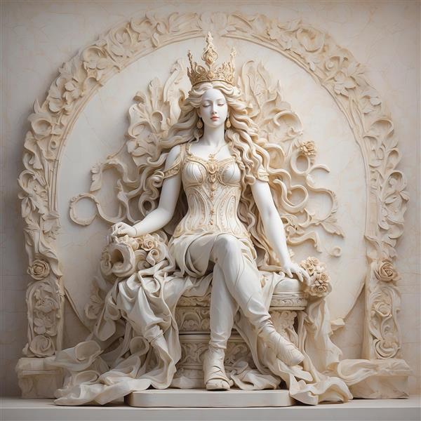 طرح ملکه نشسته روی تاج‌وتخت با گل برای تابلو دکوراتیو لوکس