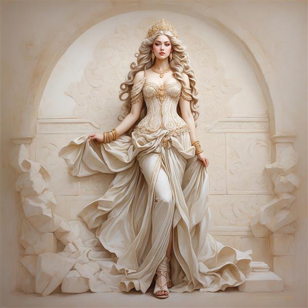 عکس زن با لباس کرم در طاق سنگی برای پوستر دیواری کلاسیک