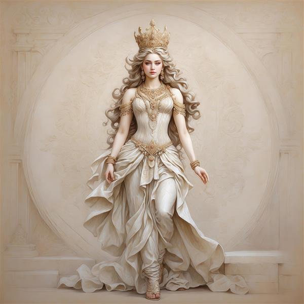 عکس زن با لباس و تاج طلایی کلاسیک در ژست قدم زدن برای پوستر