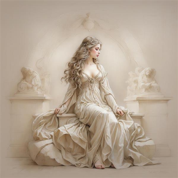 طرح زن با لباس حریر سفید و موهای بلند در دکوراسیون کلاسیک برای روتختی