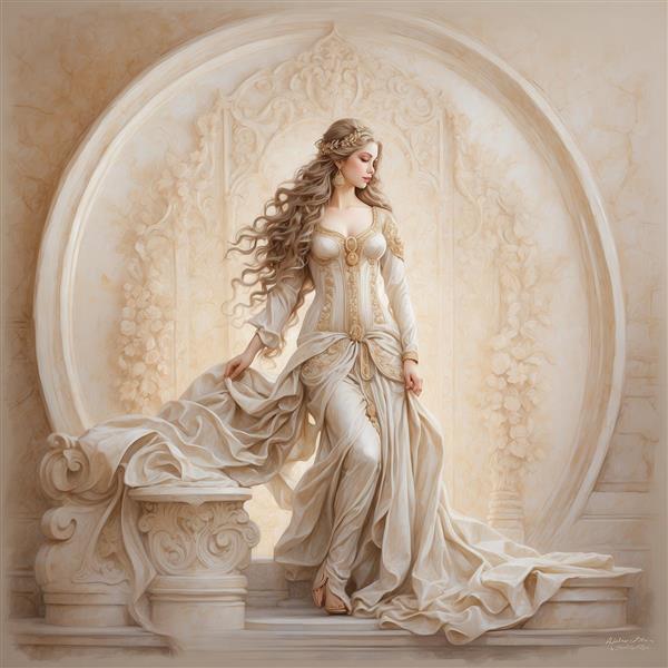 تصویر زن با لباس بلند کلاسیک روی ستون تزئینی برای پرده و تابلو