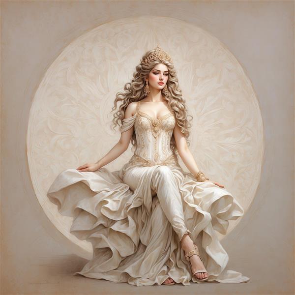 عکس زن با لباس عروسکی طلایی و سفید روی سکوی گرد برای چاپ روی کوسن