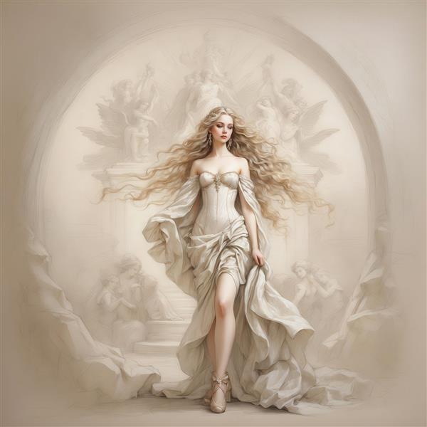 طرح زن با لباس سفید و موهای پریشان در پس‌زمینه مجسمه‌های کلاسیک