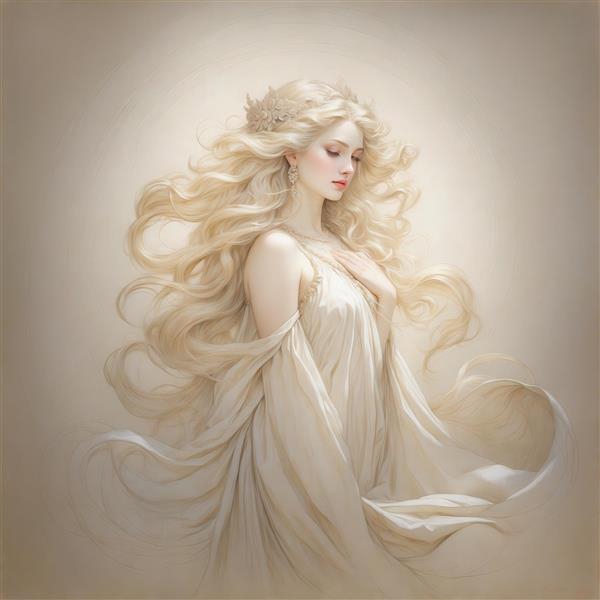 پرتره زن بلوند با موهای مواج و لباس سفید سبک رمانتیک برای تابلو