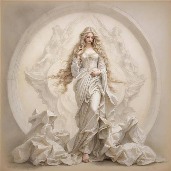 تصویر زن با لباس بلند سفید و موهای پریشان برای روتختی و کوسن