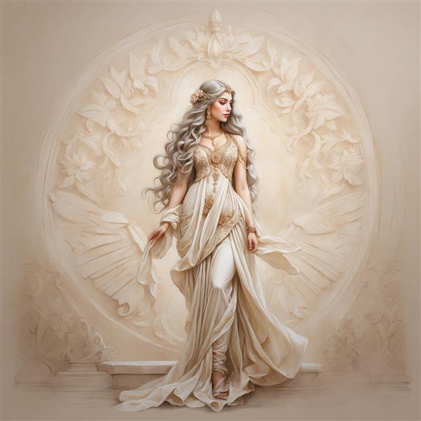 عکس زن با لباس طلایی و حریر کلاسیک در پس‌زمینه گل برجسته برای پرده