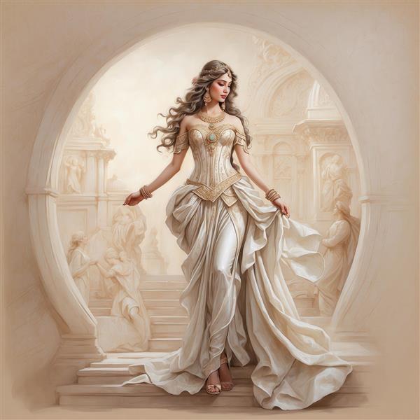 طرح زن با لباس مجلسی طلایی و سفید در طاق کلاسیک برای تابلو پذیرایی