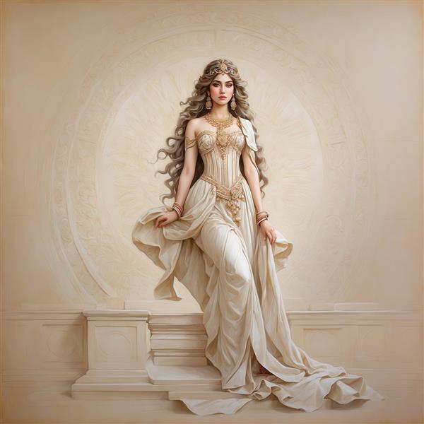 تصویر زن با لباس طلایی و سفید کلاسیک روی سکو برای چاپ روی روتختی