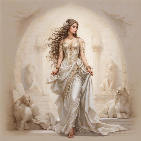 عکس زن با لباس مجلسی بلند و پس‌زمینه مجسمه‌های شیر برای پوستر