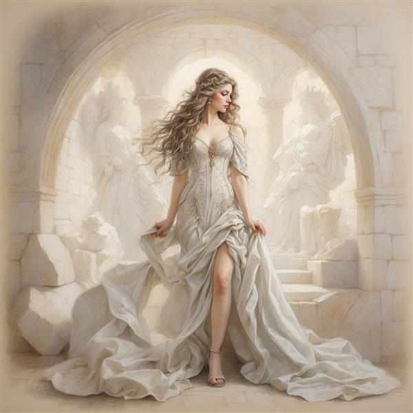 طرح زن با لباس مجلسی سفید در پس‌زمینه ستون‌های مرمری برای تابلو
