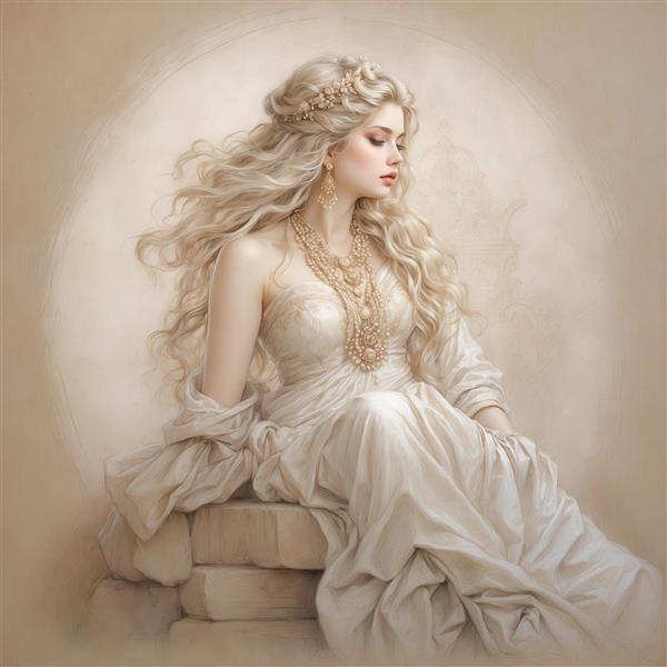 پرتره زن با لباس کلاسیک سفید و گردنبند طلایی برای چاپ روی کوسن