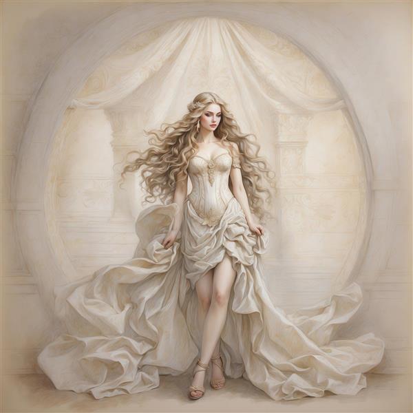 تصویر زن با لباس مجلسی شیک و بلند در دکوراسیون کلاسیک برای پرده