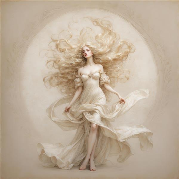 عکس زن با موی بلند طلایی و لباس حریر سبک الهه یونانی برای تابلو